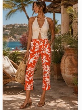 Trina Turk Orbit Cropped Pants Women 2 Red Resort Tropical Vacation Beach Casual